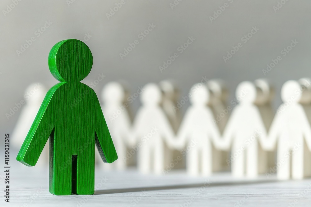 A unique green figure stands out among a group of white figures, symbolizing individuality and diversity in society. A unique green figure stands out among a group of white figures, symbolizing individuality and diversity in society.