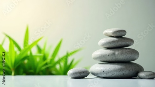 Serene Stack of Smooth Grey Stones Beside Lush Green Foliage, Representing Tranquility and Balance