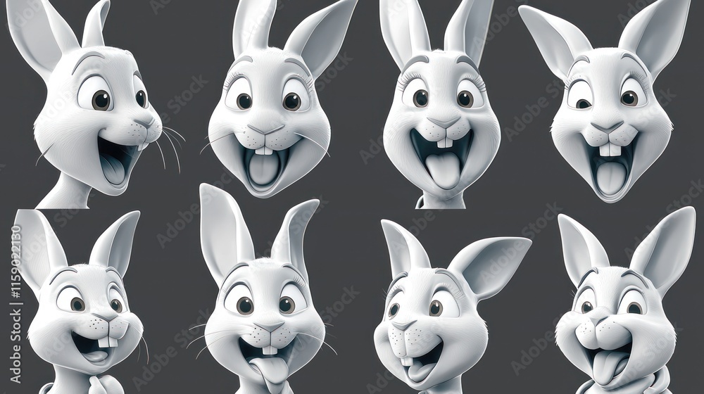 Fototapeta premium Eight 3D model bunny faces showing various expressions.