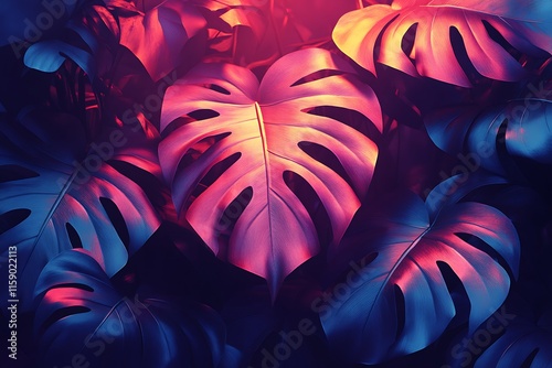 Neon Illuminated Monstera Leaves Tropical Background