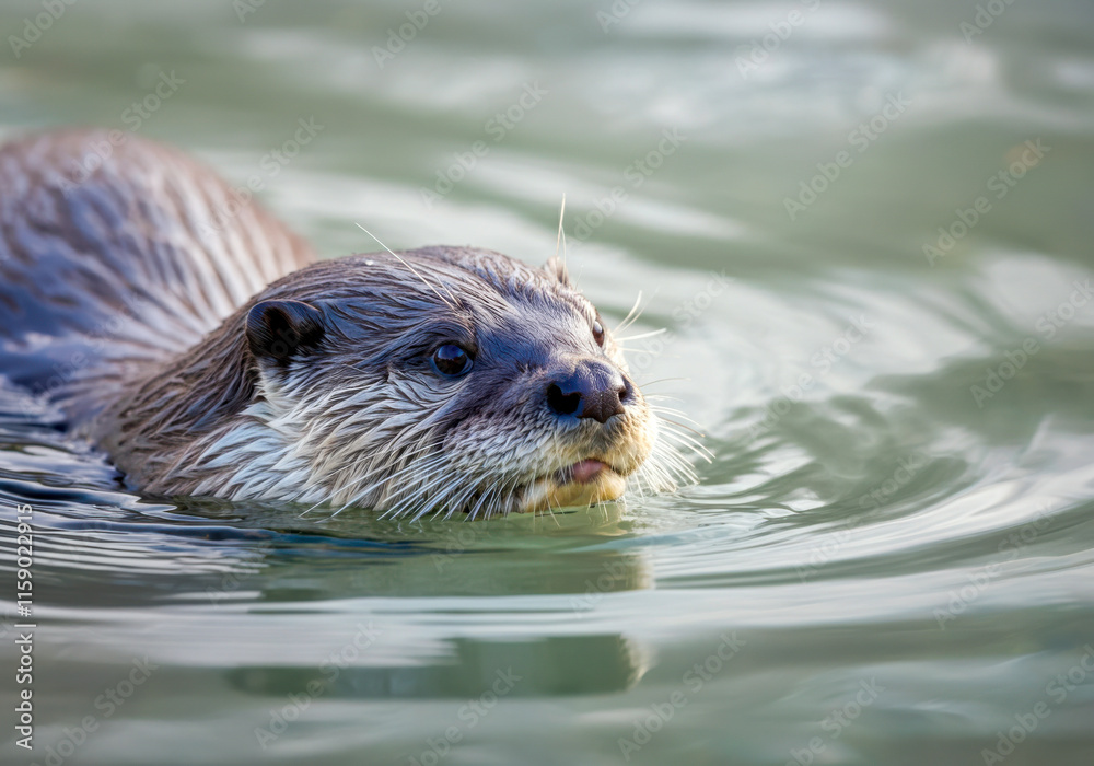 Otter swimming gracefully in calm water during a sunny day at a wildlife reserve Otter swimming gracefully in calm water during a sunny day at a wildlife reserve