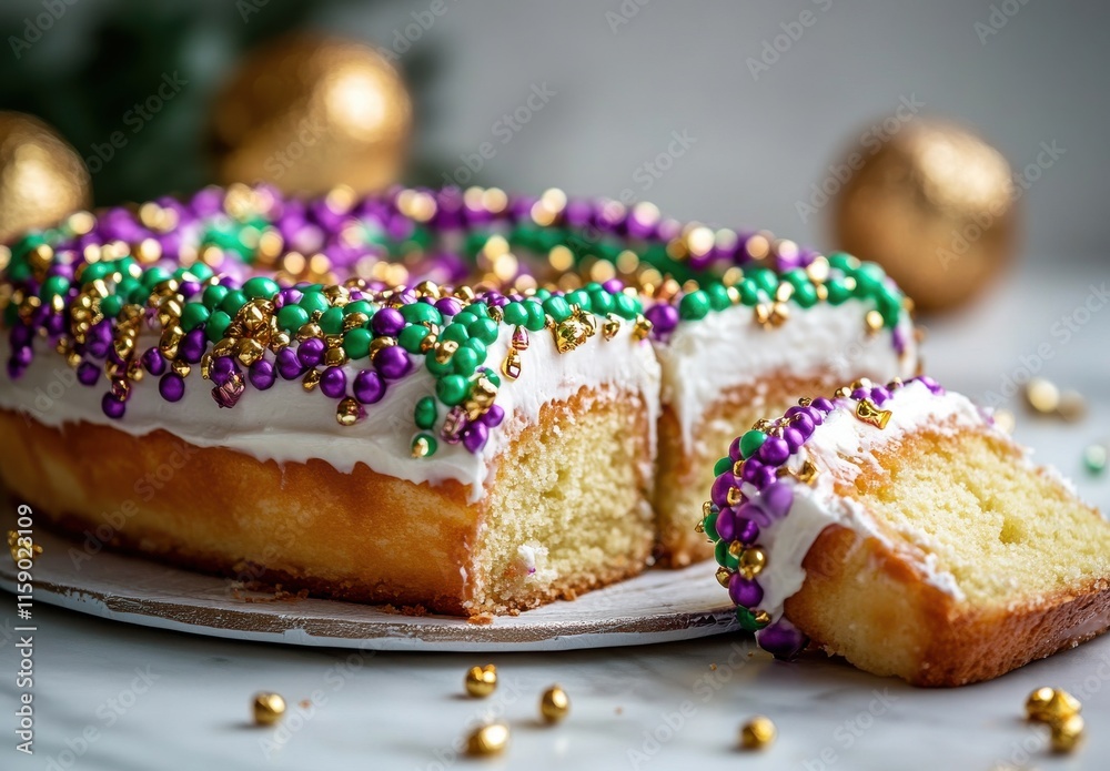 Colorful King Cake with Festive Purple, Green, and Gold Sprinkles on a Marble Surface Celebrating Mardi Gras Festivities in a Bright and Cheerful Setting
