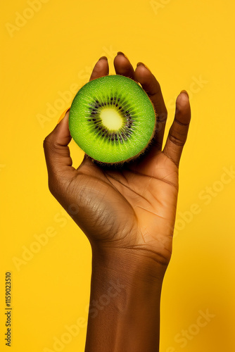 Hand Holding Fresh Kiwi Half on Yellow Background