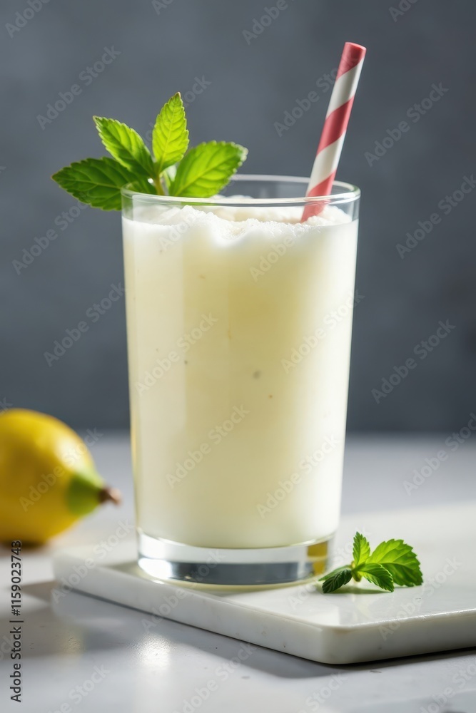 Kefir drink in glass, gray background, soft shadows, shadows, glass, contrast Kefir drink in glass, gray background, soft shadows, shadows, glass, contrast