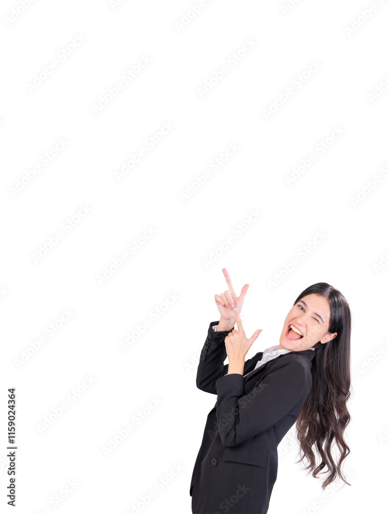 Excited young businesswoman joyfully pointing upward with both hands, symbolizing success, motivation, and positivity. The white background offers ample copy space, making it ideal for promotional Excited young businesswoman joyfully pointing upward with both hands, symbolizing success, motivation, and positivity. The white background offers ample copy space, making it ideal for promotional