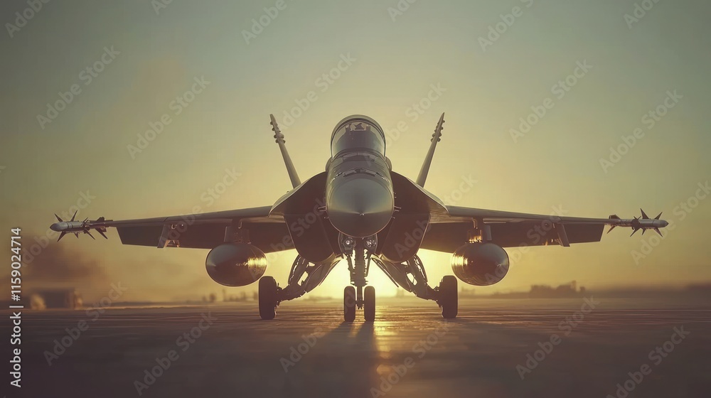 Fototapeta premium Fighter jet on runway at sunset. (3)