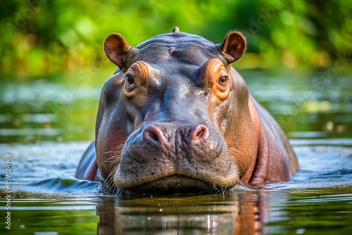 Close-up of a hippopotamus in water, looking directly at the camera.