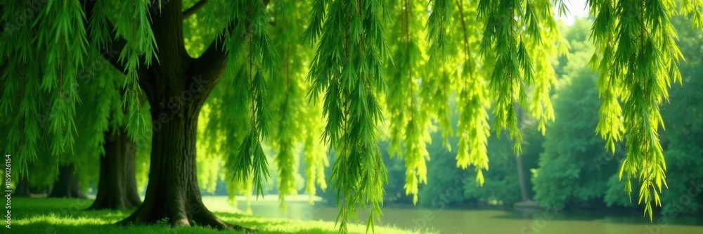 Weeping willow tree with lush green leaves and slender branches, green leaves, forest scenery Weeping willow tree with lush green leaves and slender branches, green leaves, forest scenery