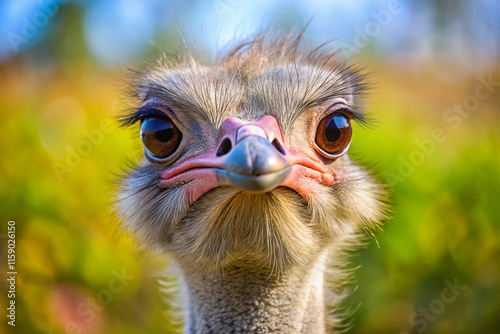 Close-up portrait of an ostrich's head and neck, displaying its expressive eyes and unique features against a blurred natural background. photo