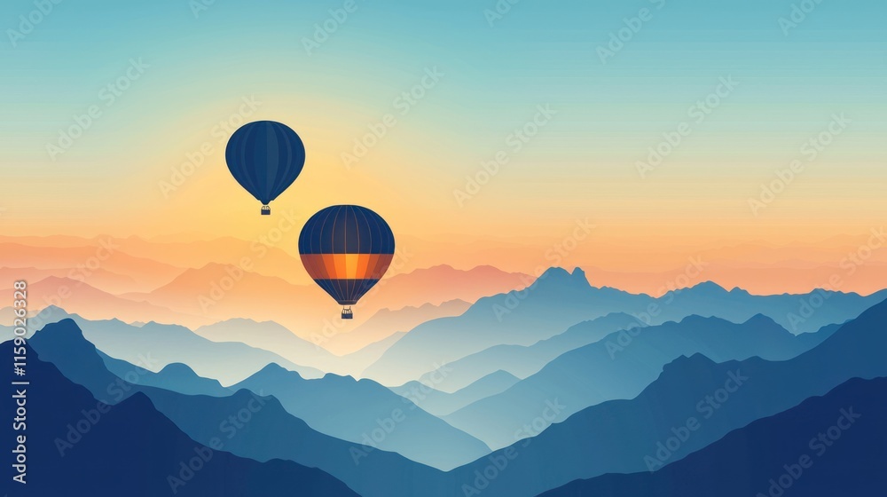 Fototapeta premium Two hot air balloons soar over a majestic mountain range at sunset.