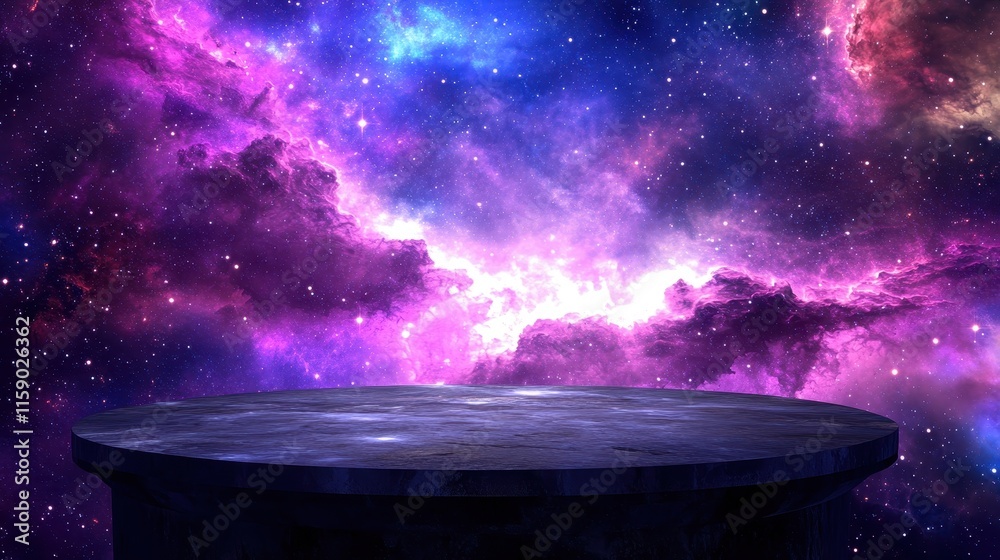 Dark Platform Against Vibrant Cosmic Nebula Background Dark Platform Against Vibrant Cosmic Nebula Background