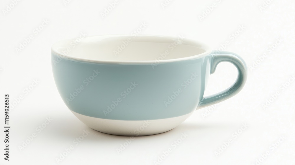 Empty light blue ceramic teacup with handle on white background. Empty light blue ceramic teacup with handle on white background.