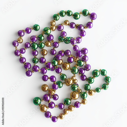 Colorful Mardi Gras Beads Arrangement with Green, Purple, and Gold Balls on a Light Surface Ideal for Celebrations, Festivals, and Party Decorations