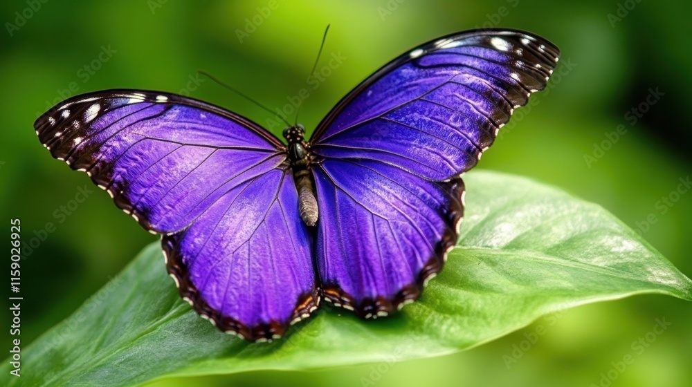 Naklejka premium Vibrant Blue Butterfly on Green Leaf in Natural Habitat