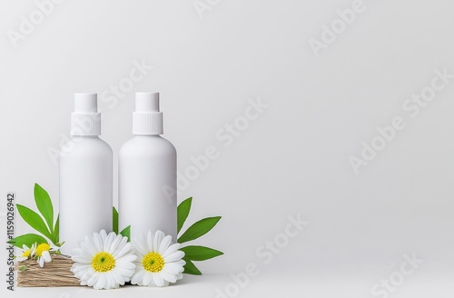 White cosmetic containers with delicate flowers on a white wooden surface, leaving room for copy. Interior. Elegant and soft home decor for advertising, designers, branding identity, and cover photo