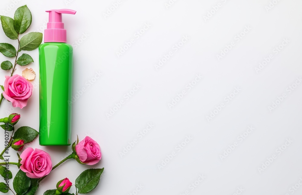 A collection of cosmetics featuring Rose essential oils, including toner, serum, essence, moisturizer, and more, arranged on a white desktop background, top view, with a border. Facial skincare A collection of cosmetics featuring Rose essential oils, including toner, serum, essence, moisturizer, and more, arranged on a white desktop background, top view, with a border. Facial skincare