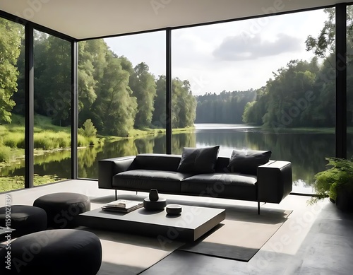 Modern Living Room Overlooking Serene Lakeside Scenery photo