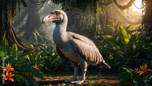 Highly detailed and realistic photograph of a solo Dodo bird standing amidst the lush photo