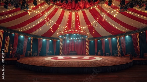 The interior of a circus tent featuring a vibrant stage and central ring beneath a striking red and white striped canopy, creating an exciting and mesmerizing atmosphere for a grand 