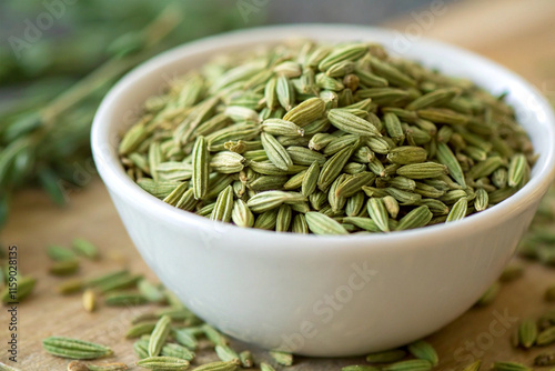 A detailed shot of fennel seeds in a small bowl on wooden background