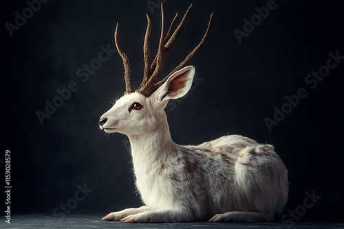 Majestic Albino Deer with Intricate Antlers: A Captivating Portrait against a Dark Background photo