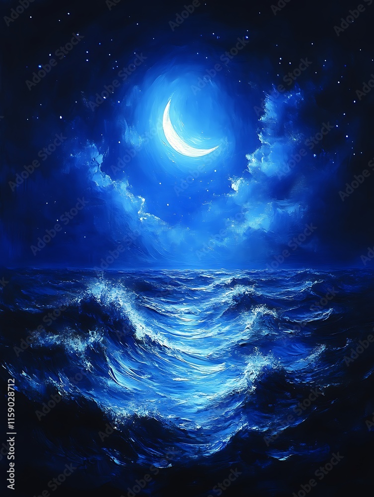Crescent moon over a dark, wavy ocean at night. Crescent moon over a dark, wavy ocean at night.