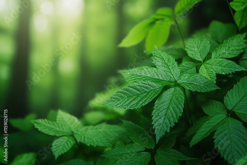 Close-up of fresh green leaves in a serene forest, capturing nature's beauty and tranquility in a vibrant environment. photo