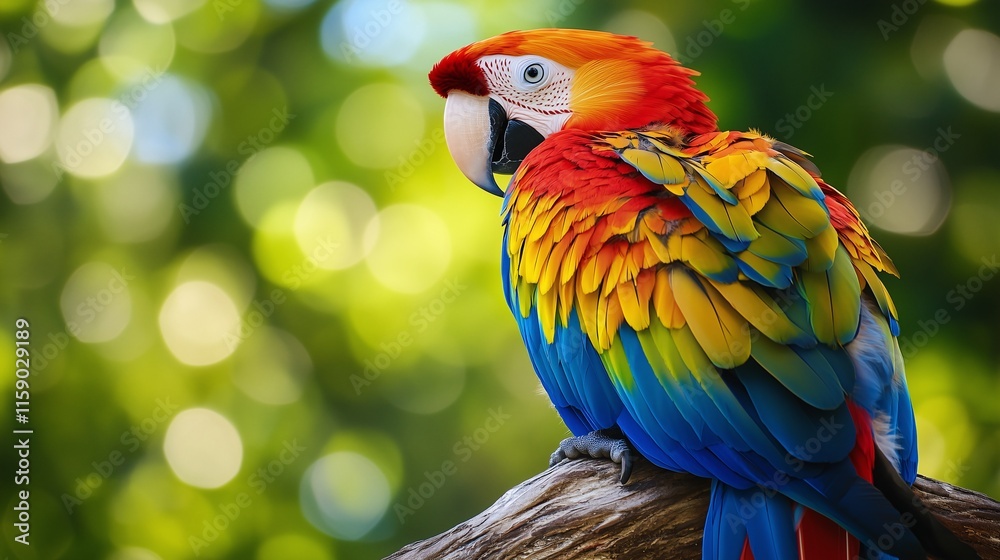 Vibrant macaw perched on a branch with lush green background bokeh. Vibrant macaw perched on a branch with lush green background bokeh.