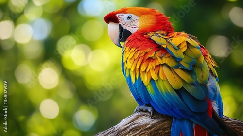 Vibrant macaw perched on a branch with lush green background bokeh. photo