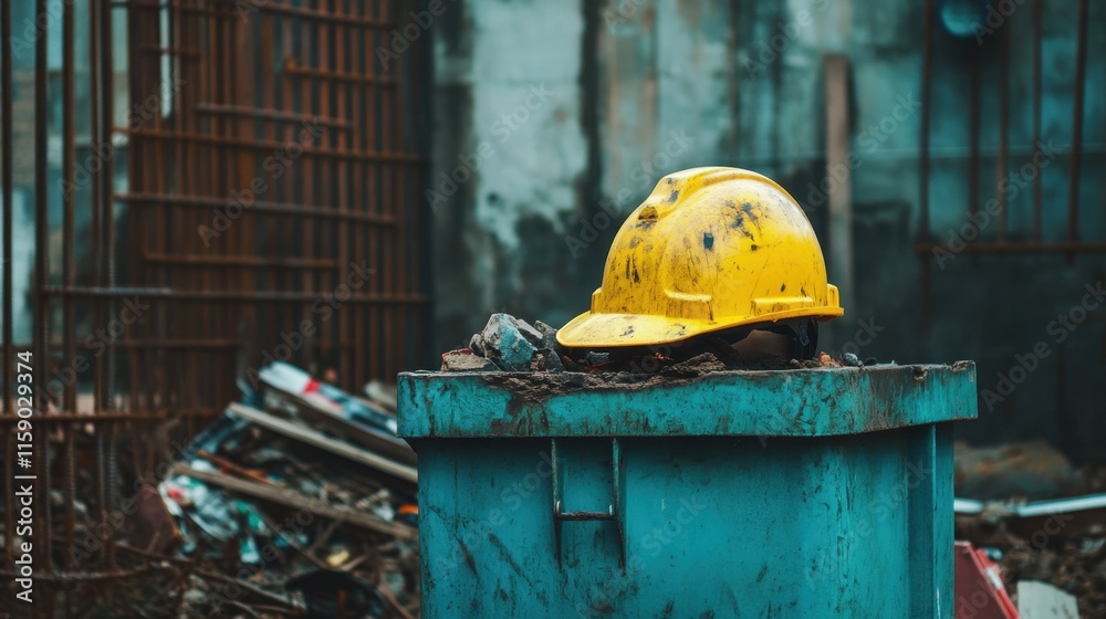 Yellow Hard Hat Resting on Top of a Green Dumpster Amidst Debris Yellow Hard Hat Resting on Top of a Green Dumpster Amidst Debris