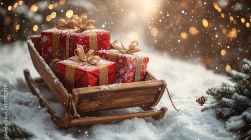 Christmas gifts on a sled in a snowy landscape