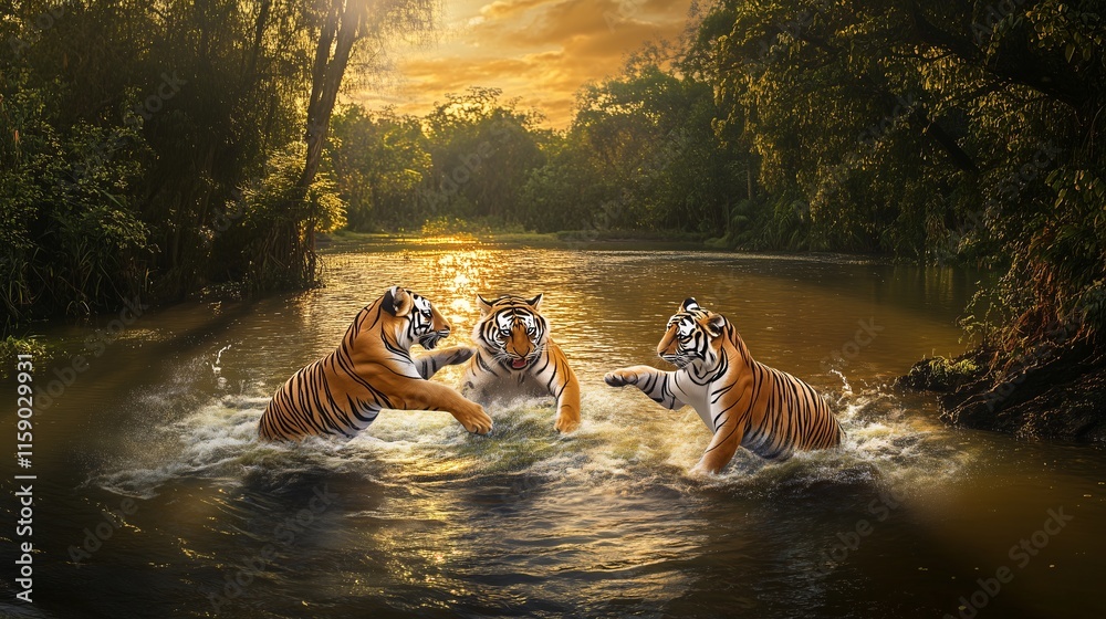 custom made wallpaper toronto digitalThree tigers playing in a serene river at sunset surrounded by lush jungle.