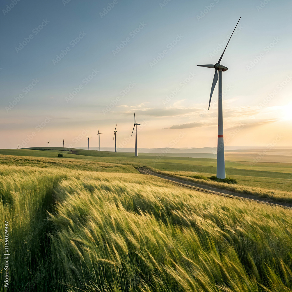 Wind Turbines in Blooming Field Under Serene Sunset Sky Wind Turbines in Blooming Field Under Serene Sunset Sky