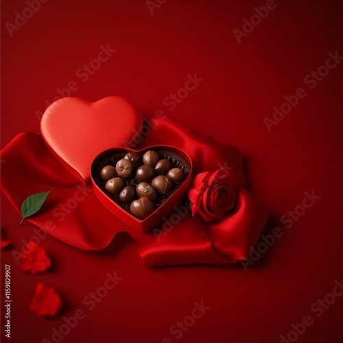 Beautiful heart-shaped box of chocolate pralines, placed on silky red fabric, surrounded by shimmering gold accents, with soft daylight illuminating the scene, ample copy space around