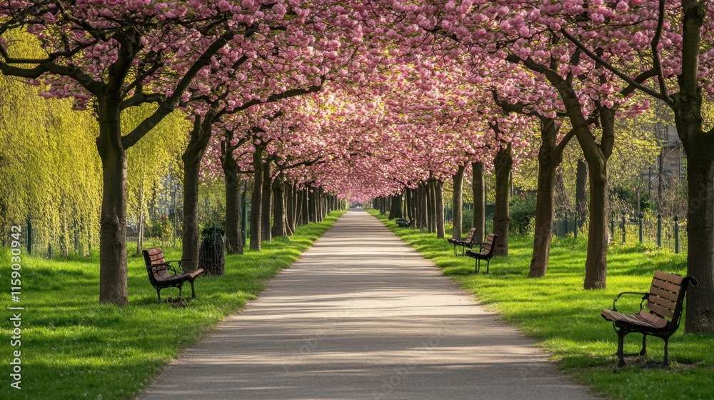 Naklejka premium Serene Cherry Blossom Pathway with Benches in a Lush Park Setting
