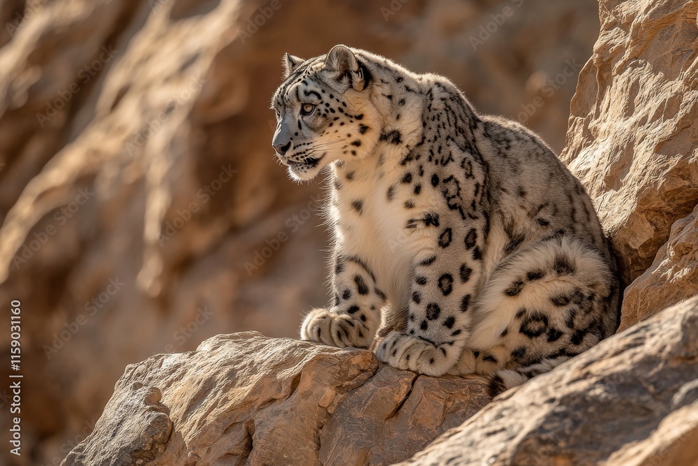 Majestic Snow Leopard Perched on Rocky Mountainside Majestic Snow Leopard Perched on Rocky Mountainside