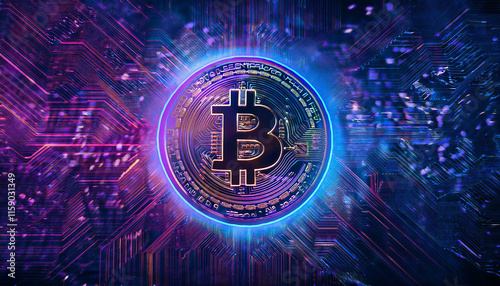  Digital bitcoin coin with glowing circuitry and neon purple blue background