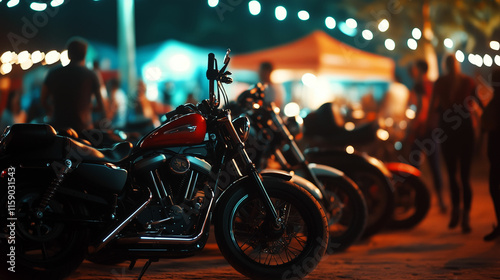 Nighttime motorcycle gathering with vibrant lighting at an outdoor festival