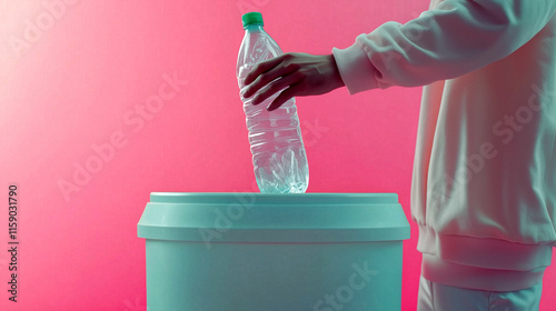 Individual disposes of a plastic water bottle into a recycling bin against a vibrant pink background