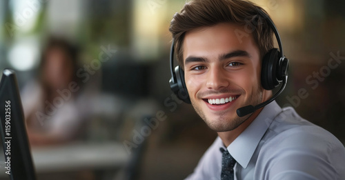 Portrait of a cheerful young business professional wearing a headset in a vibrant office environment