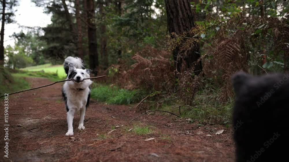 Border Collie running with stick in mouth towards another dogHappy Border Collie running on a path in the woods, carrying a stick in its mouth, towards another dog Border Collie running with stick in mouth towards another dogHappy Border Collie running on a path in the woods, carrying a stick in its mouth, towards another dog