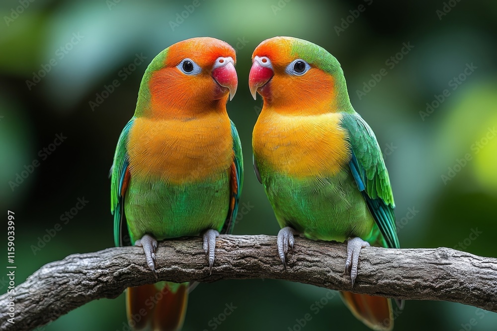Closeup of Two Affectionate Lovebirds Perched on a Branch Closeup of Two Affectionate Lovebirds Perched on a Branch