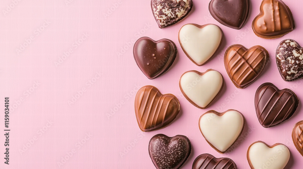 Valentine's chocolate & rose love heart. Assorted heart-shaped chocolates on a pink background. Valentine's chocolate & rose love heart. Assorted heart-shaped chocolates on a pink background.