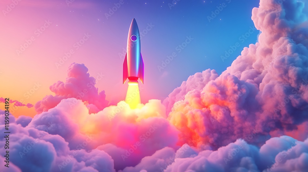 Fototapeta premium Rocket Ascending Through Colorful Cloudscape At Sunset