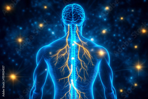 An intricate illustration of the human spinal cord and brain, showcasing detailed neurons and their connections. The image highlights the complexity of neural cells
