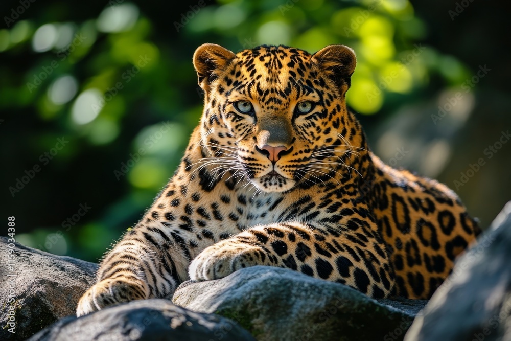 Magnificent Leopard Resting on Rocks in a Lush Green Forest