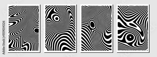 Set of paper cards with textured black and white liquid pattern design and rippled effect of the illusion of movement,can be used for banner, flyer, invitation, booklet design
