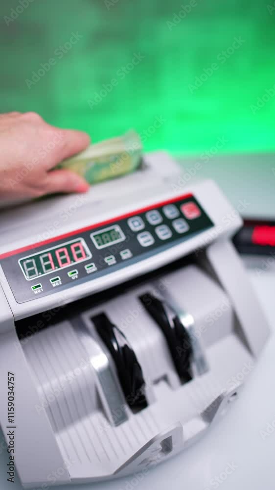 A large stack of one hundred euro bills is placed into the slot of cash counting machine. Bank equipment and financial operations. Close up. Blurred backdrop. Vertical video. A large stack of one hundred euro bills is placed into the slot of cash counting machine. Bank equipment and financial operations. Close up. Blurred backdrop. Vertical video.
