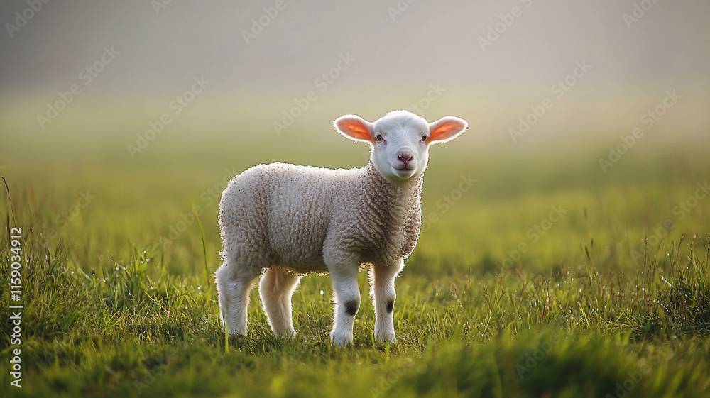 White lamb in misty green field, dreamy morning light White lamb in misty green field, dreamy morning light