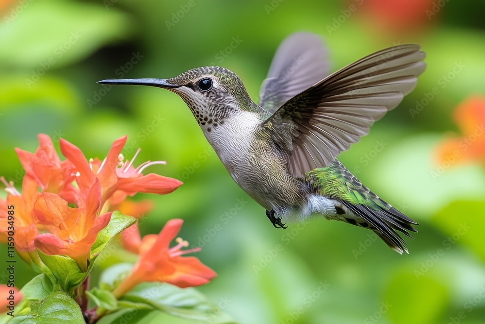 Hummingbird in Flight Near Orange Flowers Hummingbird in Flight Near Orange Flowers